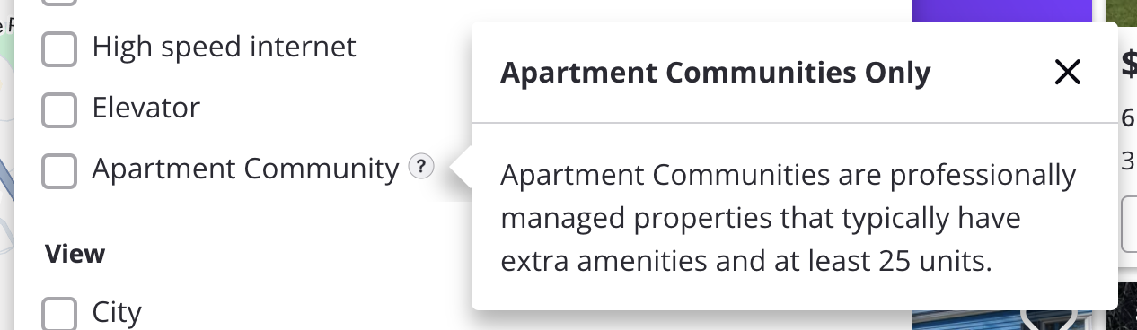 A picture of the zillow filter list showing the apartment community option, described as: Apartment Communities are professionally managed properties that typically have extra amenities and at least 25 units.