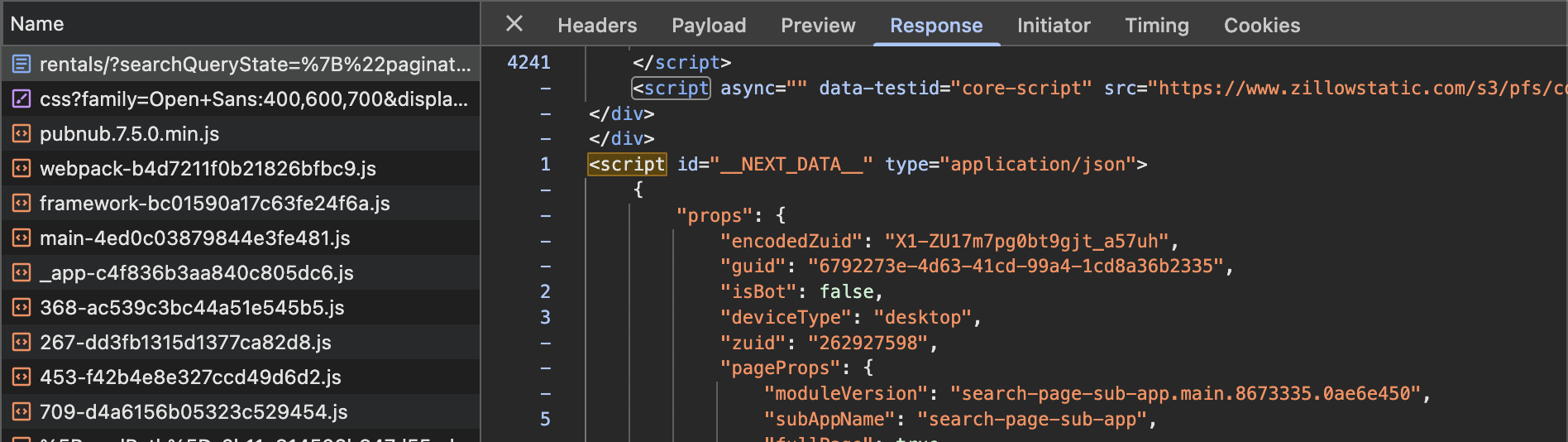 A picture of devtools showing a snippet of the first page request.