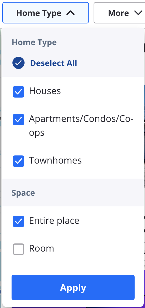 A picture of the zillow filter list showing home types of Houses, Apartments, and Townhomes.