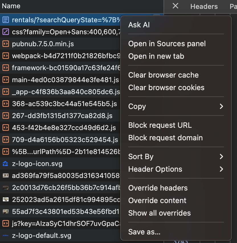 A picture of devtools showing the loaded assets and a Save as... option.